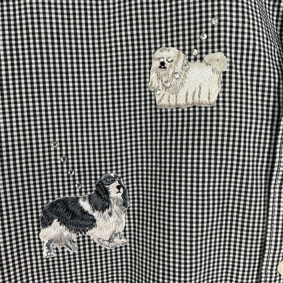Mili Designs Womens Plus 1X Button Up Shirt Black White Dog Embroidered Gingham - Picture 14 of 15